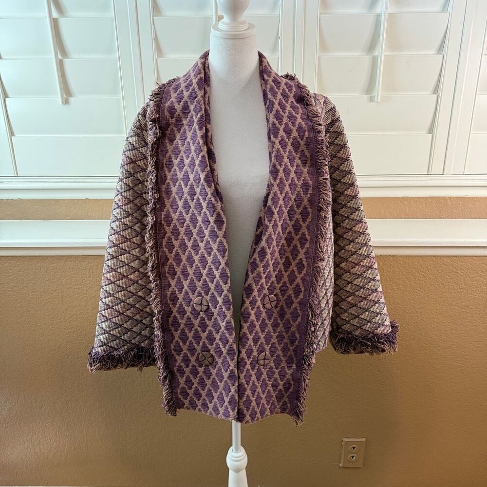 Vintage Tapestry Jacket Fringe Cuff Raw Hem Purple Sz M/L Boho Art Teacher Indie